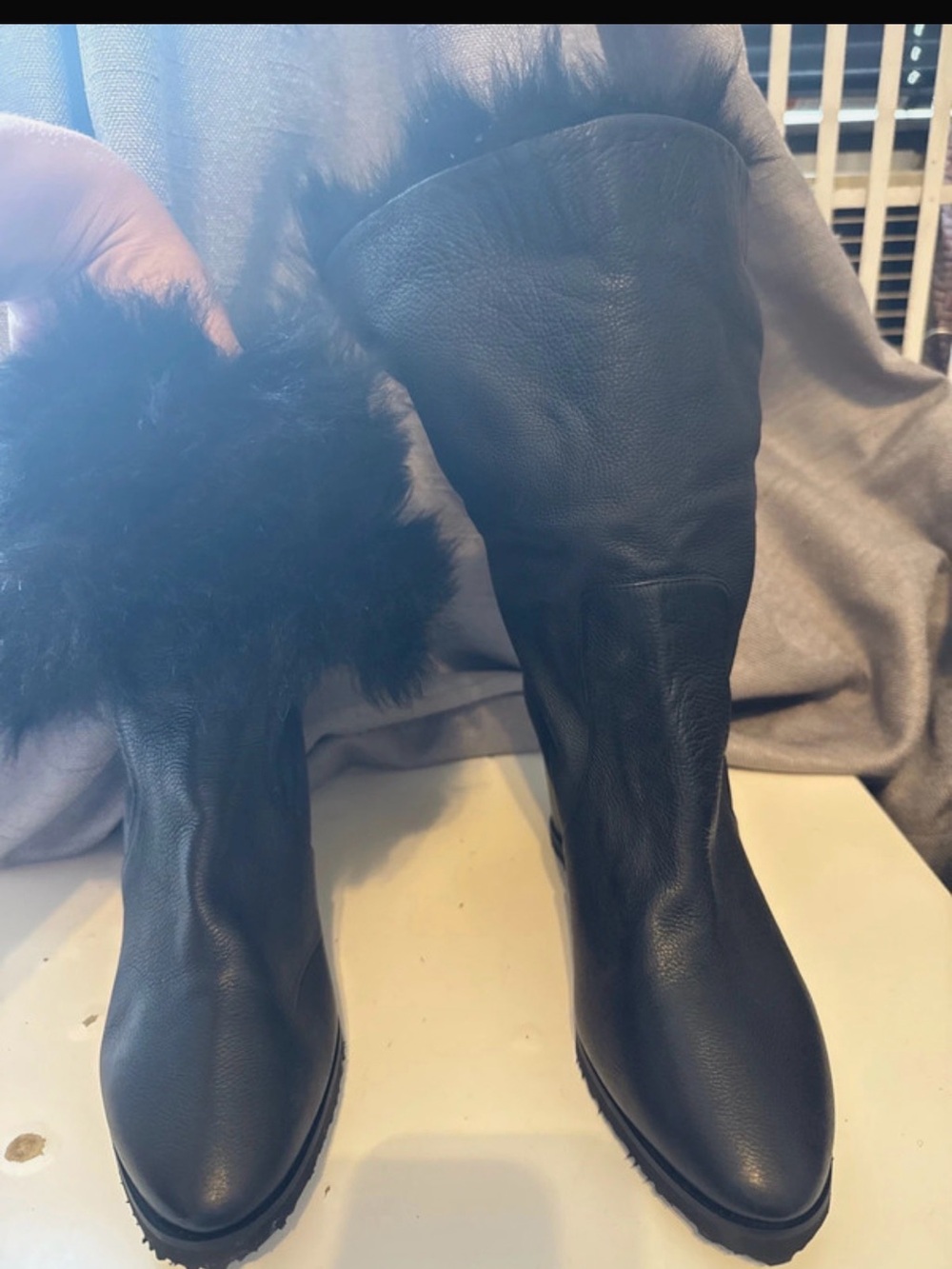 Taryn Rose Black Leather Fur-Trim Wedge Boots